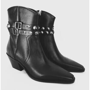 New ZARA Black Leather Studded Western Style Ankle Boots Women's Sz 8 EU 39